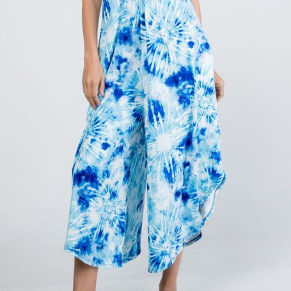 Tie Dye Blue/White V-Neck Jumpsuit with Pockets - Picture 6 of 7